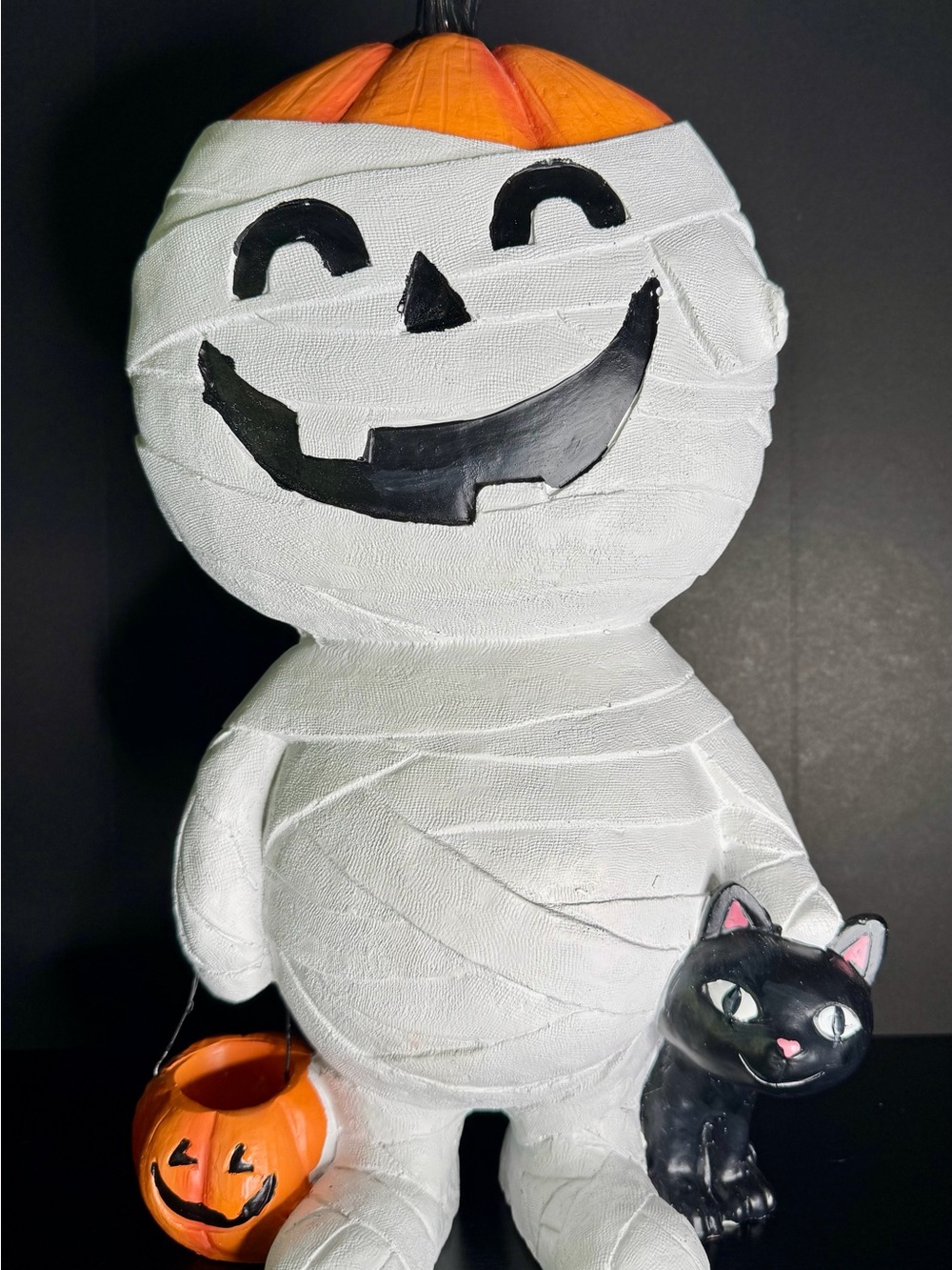 Mummy Pumpkin with Black Cat & Treat Bucket 16” Resin Figurine NWT